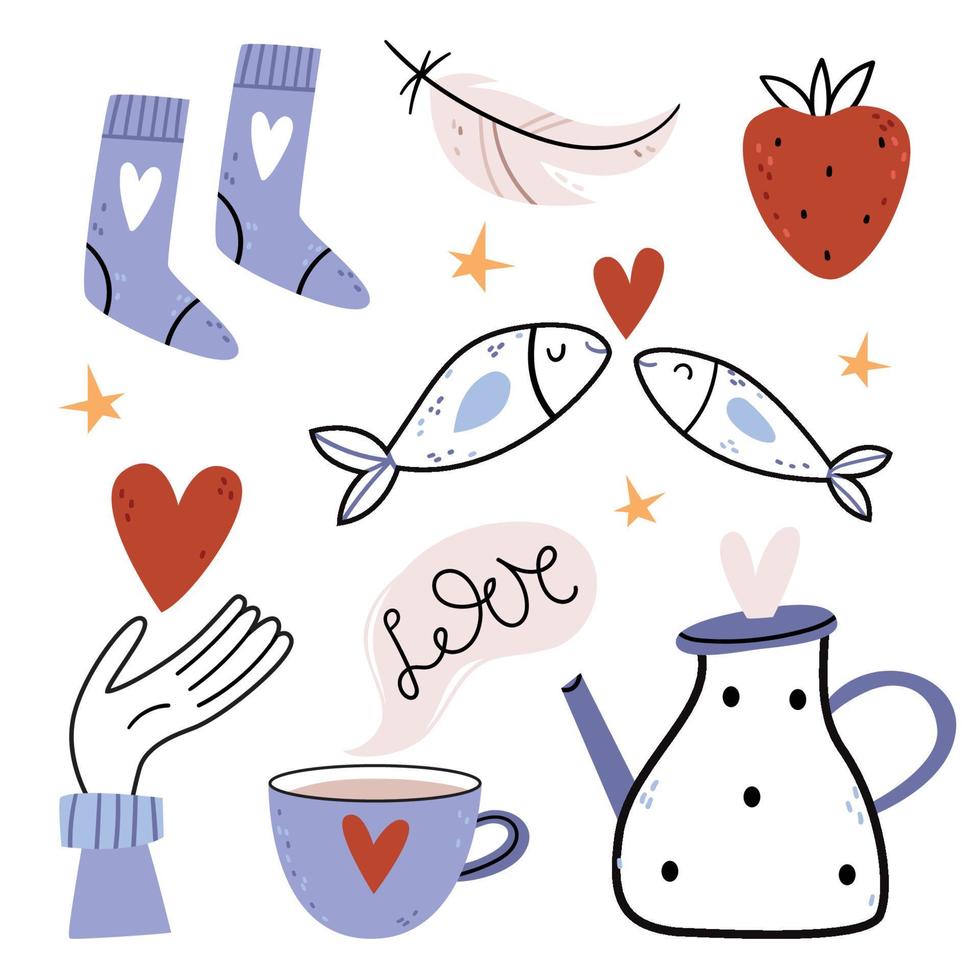 serie di semplici illustrazioni per San Valentino. teiera e tazza, calzini blu, pesciolino innamorato, fragola, piume vettore