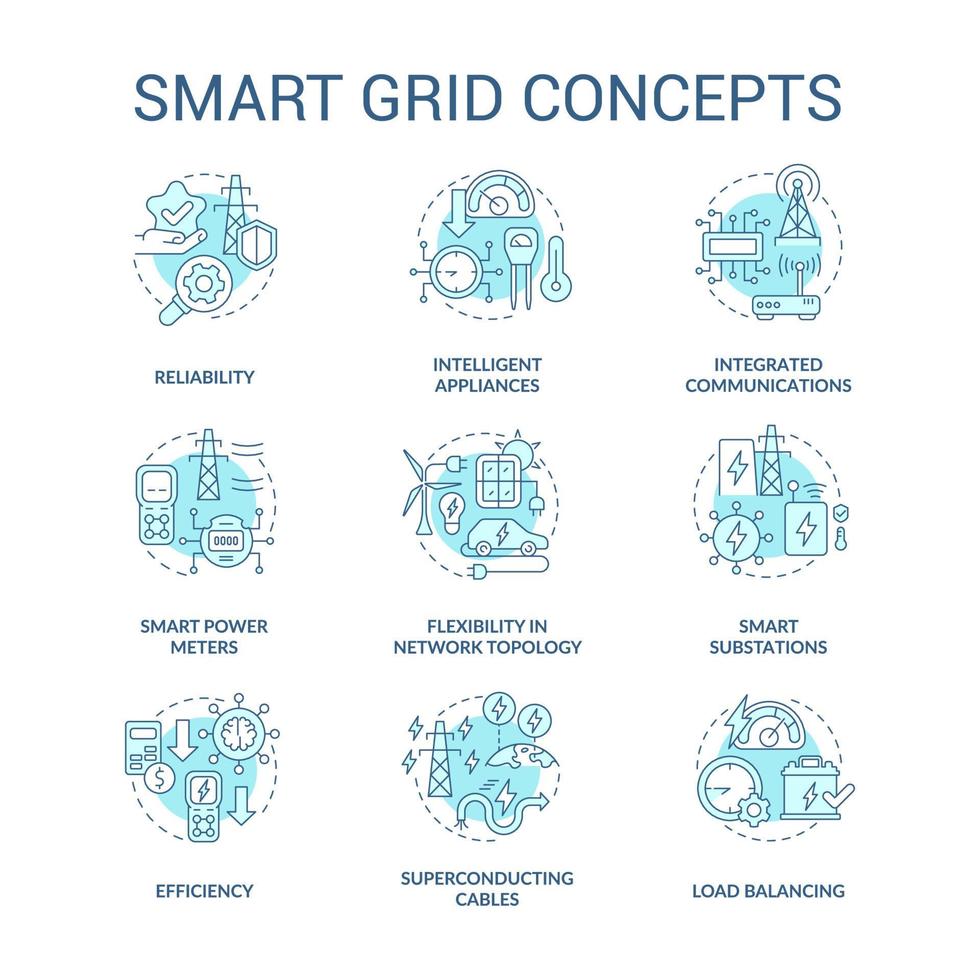 set di icone del concetto turchese della griglia intelligente. ingegneria elettrica. illustrazioni a colori linea sottile idea sistema di alimentazione intelligente. disegni di contorno isolati. roboto-medium, una miriade di caratteri pro-grassetto utilizzati vettore