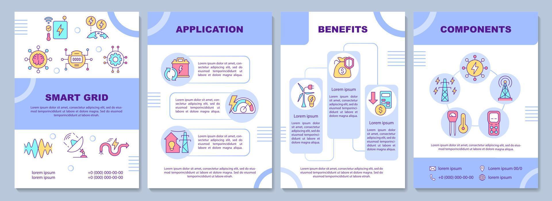 modello di brochure viola integrazione smart grid. sistema di alimentazione. design per la stampa di opuscoli con icone lineari. layout vettoriali per presentazioni, relazioni annuali, annunci. arial-nero, una miriade di caratteri pro-regolari utilizzati