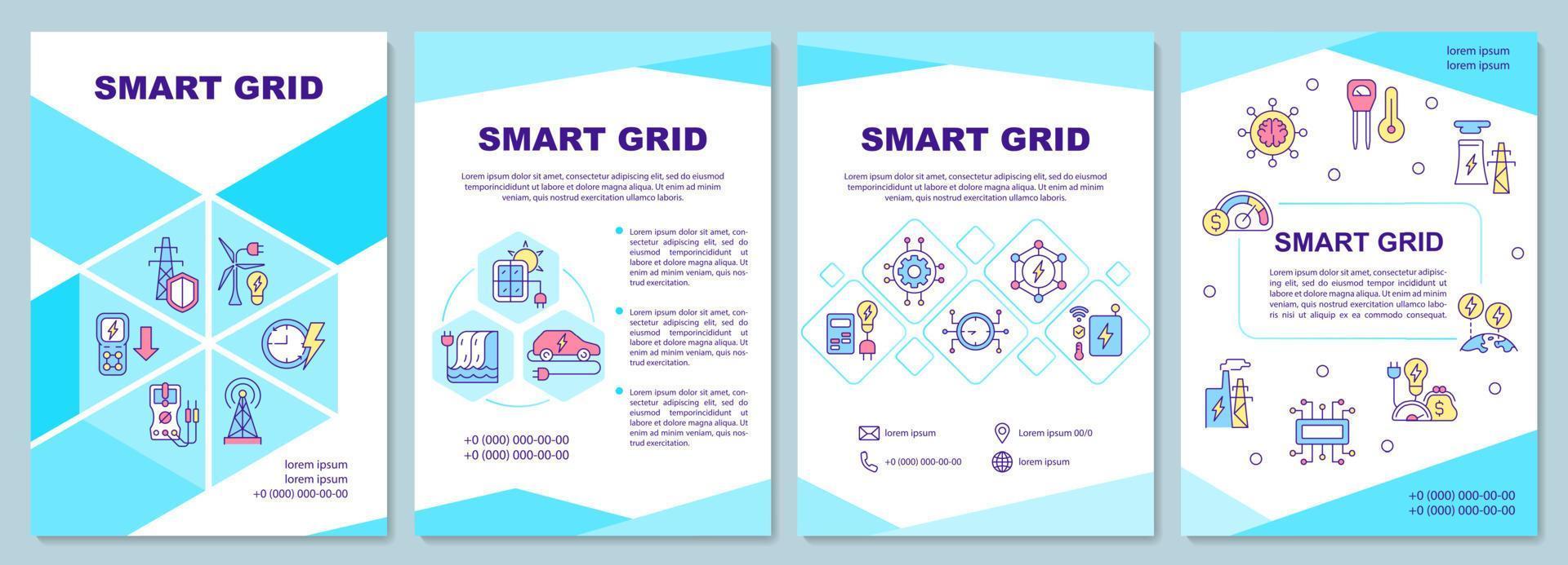 modello di brochure blu smart grid. distribuzione dell'energia. design per la stampa di opuscoli con icone lineari. layout vettoriali per presentazioni, relazioni annuali, annunci. arial-nero, una miriade di caratteri pro-regolari utilizzati