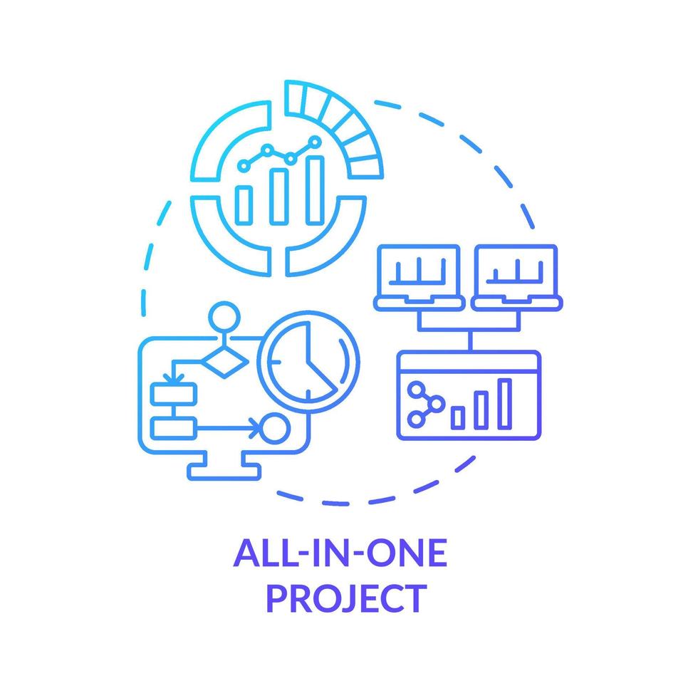 icona del concetto di sfumatura blu del progetto all-in-one. illustrazione della linea sottile dell'idea astratta di monitoraggio delle prestazioni. pianificazione del progetto. disegno di contorno isolato. roboto-medium, una miriade di caratteri pro-grassetto utilizzati vettore