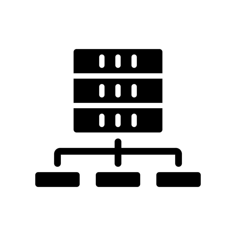 icona del glifo nero con tecnologia set di dati. archiviazione virtuale per la conservazione delle informazioni. strumenti di supporto per il data mining. deposito e collegamento. simbolo della siluetta su spazio bianco. illustrazione vettoriale isolato