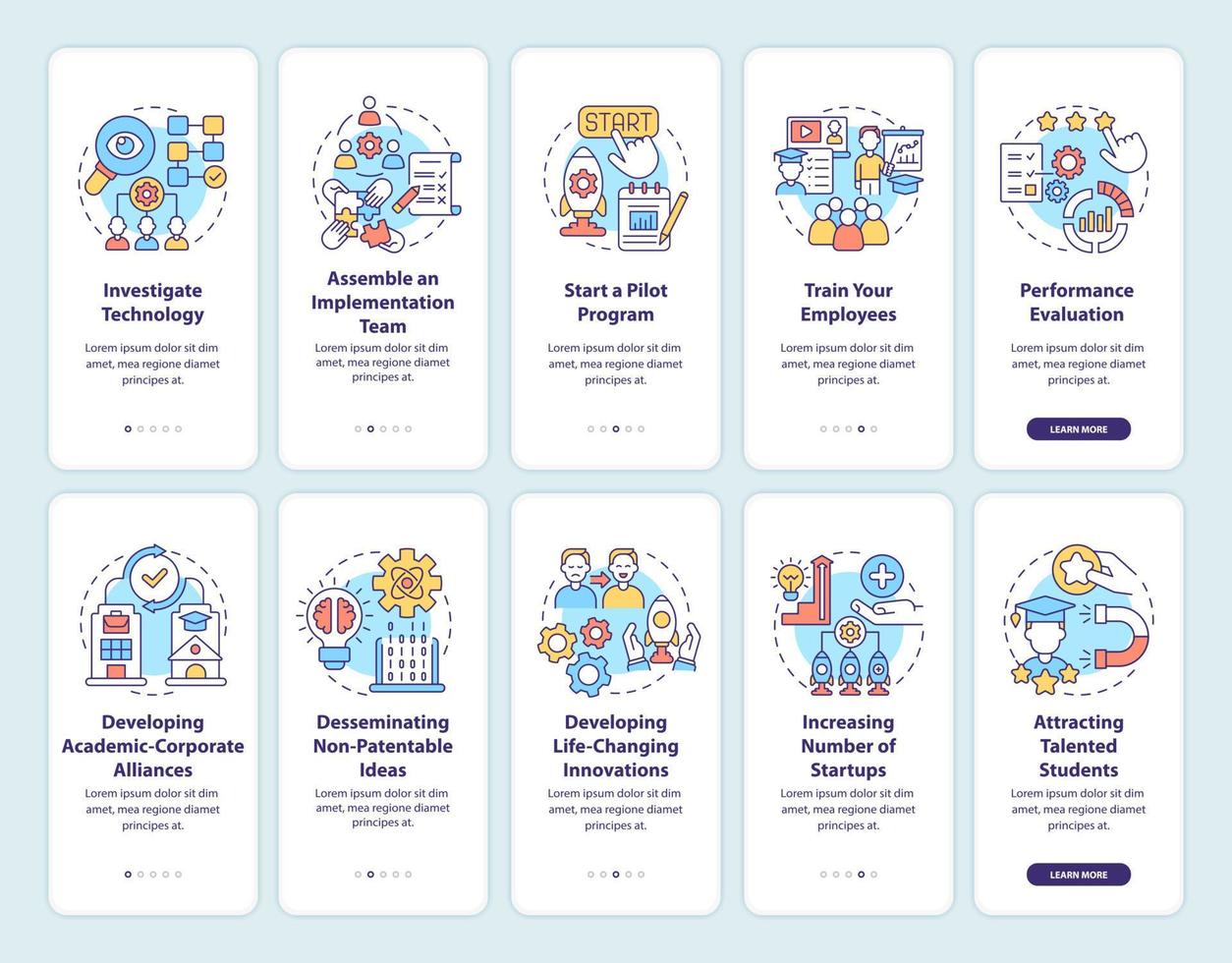 schermata della pagina dell'app mobile per l'onboarding del trasferimento di tecnologia. condivisione dell'innovazione e procedura dettagliata dei dati in 5 passaggi istruzioni grafiche con concetti. modello vettoriale ui, ux, gui con illustrazioni a colori lineari