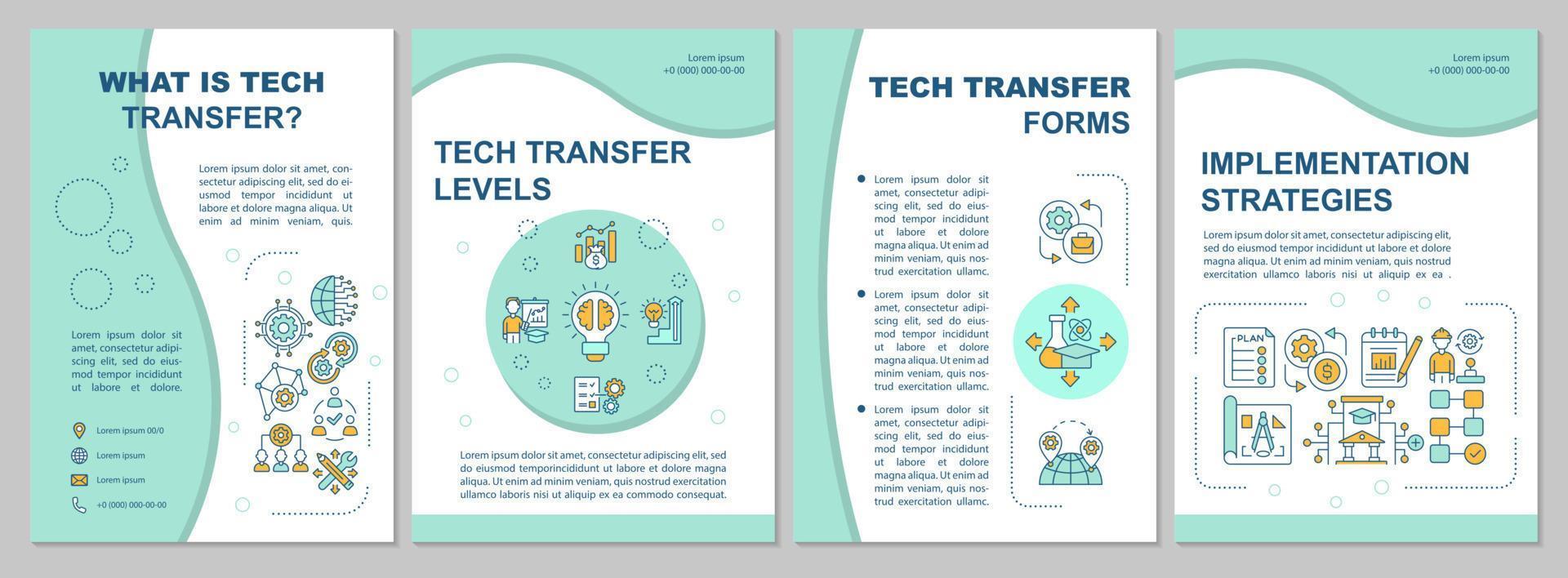 modello di brochure di condivisione tecnologica. moduli per la diffusione della tecnologia. volantino, opuscolo, stampa depliant, copertina con icone lineari. layout vettoriali per presentazioni, relazioni annuali, pagine pubblicitarie