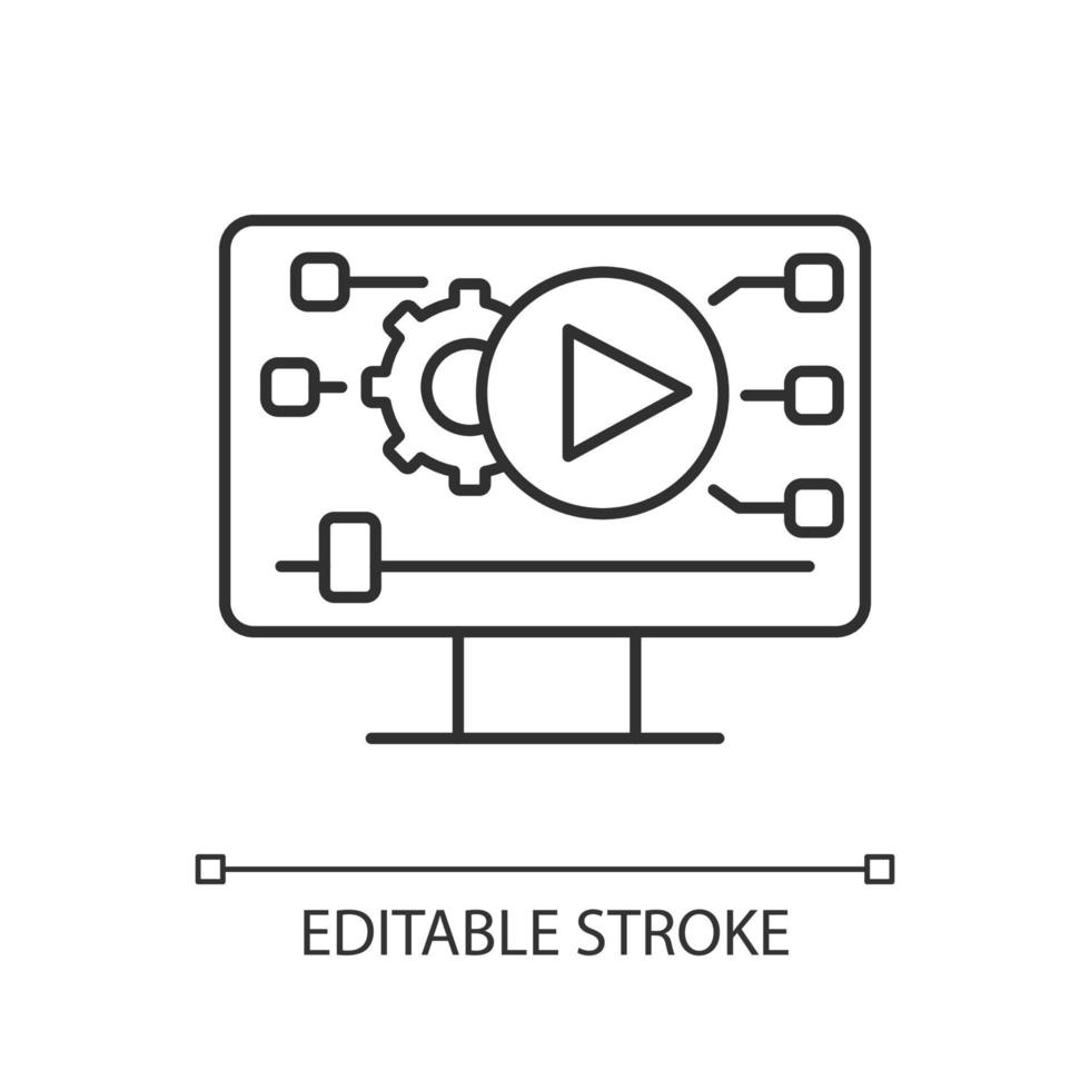 icona lineare per la creazione di video. creazione di contenuti sui social media. tecnologia digitale. marketing video. illustrazione personalizzabile a linea sottile. simbolo di contorno. disegno di contorno isolato vettoriale. tratto modificabile vettore