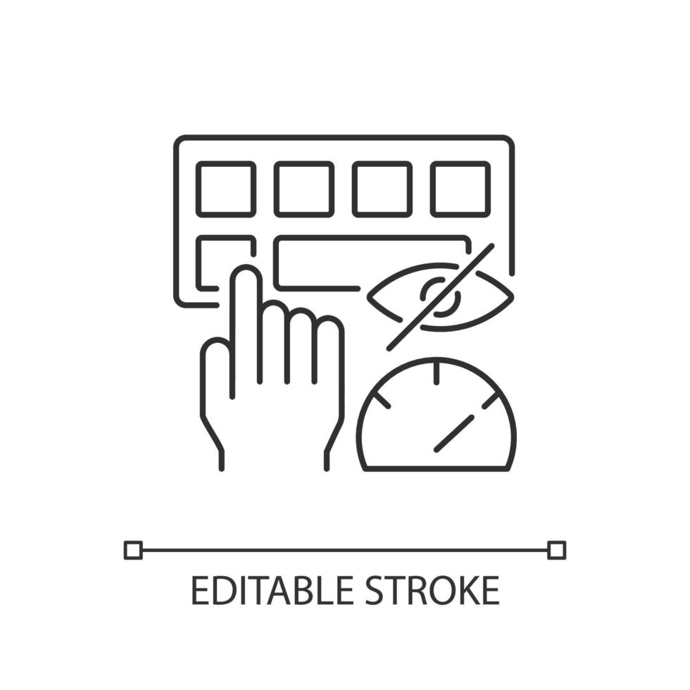 toccare l'icona lineare di digitazione. abilità con la tastiera del computer. digitazione alla cieca. costruire la memoria muscolare. illustrazione personalizzabile a linea sottile. simbolo di contorno. disegno di contorno isolato vettoriale. tratto modificabile vettore