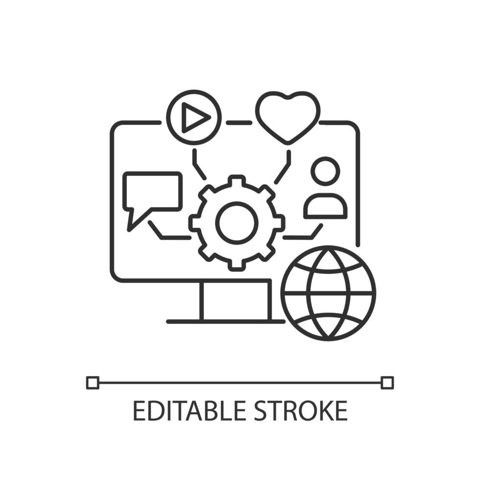 icona lineare di gestione dei social media. interagire con i contenuti online. costruzione della comunità. illustrazione personalizzabile a linea sottile. simbolo di contorno. disegno di contorno isolato vettoriale. tratto modificabile vettore