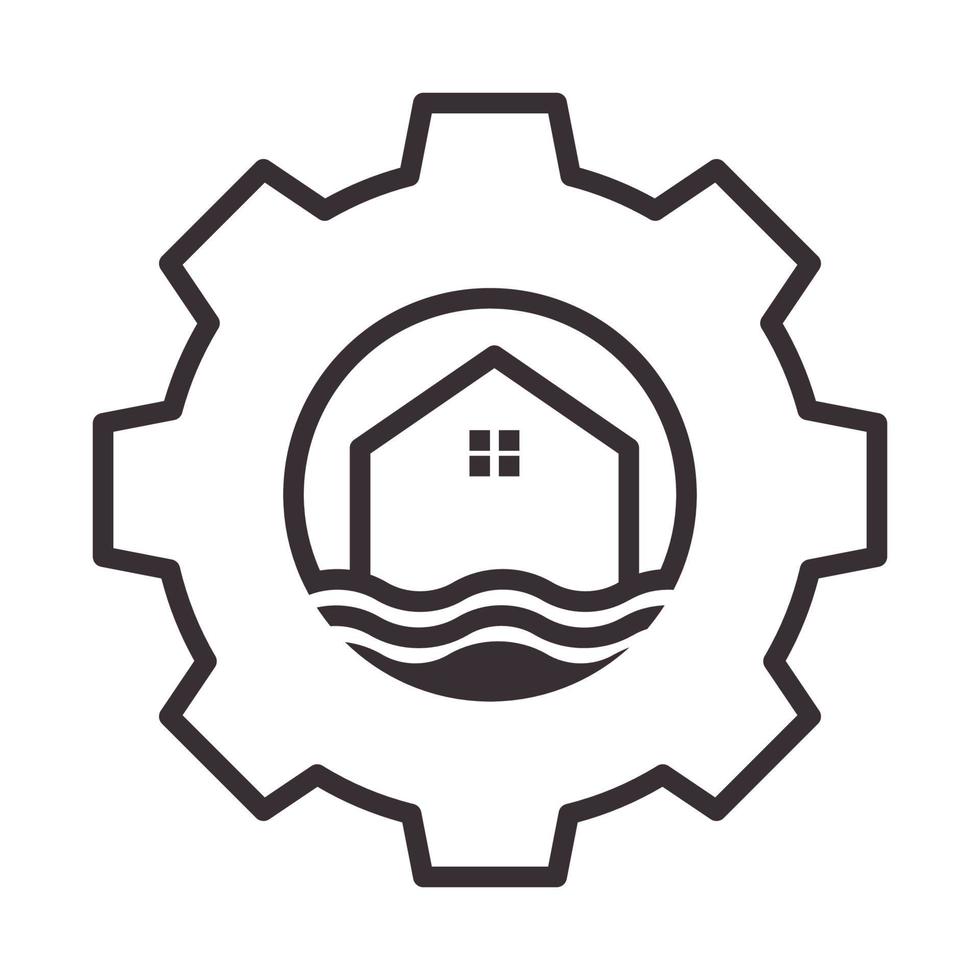 casa del mare con il disegno dell'illustrazione dell'icona del simbolo del vettore del logo dei servizi dell'ingranaggio