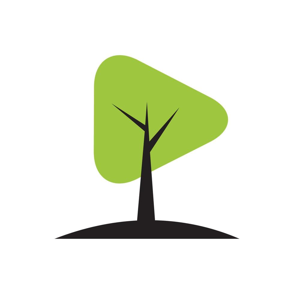 albero verde con design del logo musicale del pulsante di riproduzione vettore