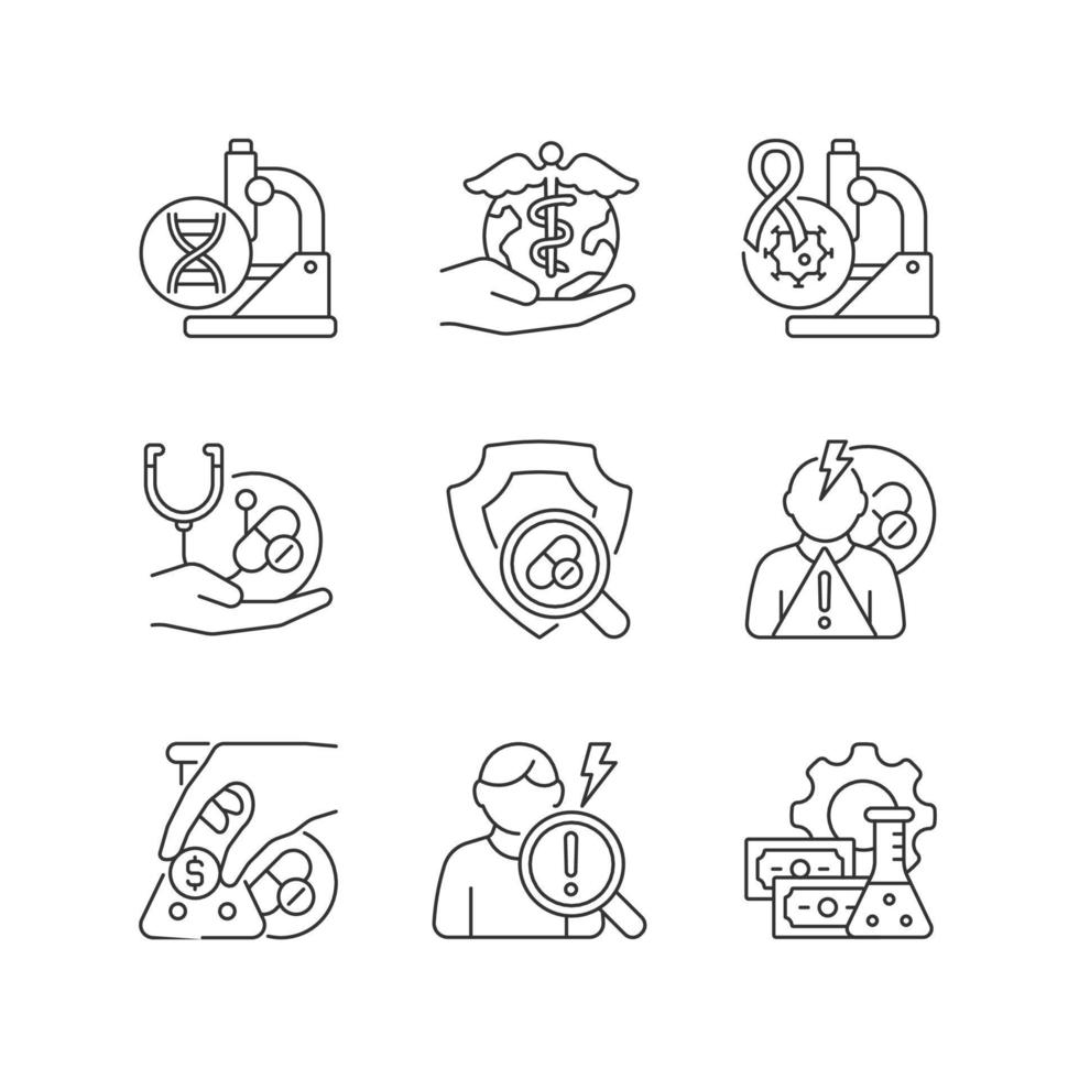 set di icone lineari di ricerca medica. studio delle malattie genetiche. controllare la sicurezza nuovi farmaci. effetti collaterali. simboli di contorno a linea sottile personalizzabili. illustrazioni di contorno vettoriale isolate. tratto modificabile