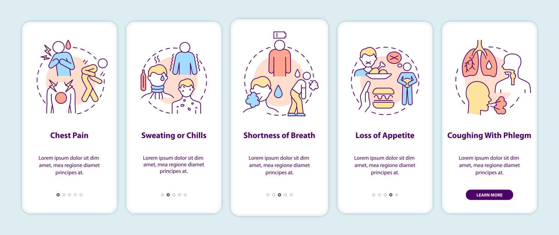 sintomi di polmonite durante l'onboarding della schermata della pagina dell'app mobile. procedura dettagliata per dolore toracico e perdita di appetito 5 passaggi istruzioni grafiche con concetti. modello vettoriale ui, ux, gui con illustrazioni a colori lineari