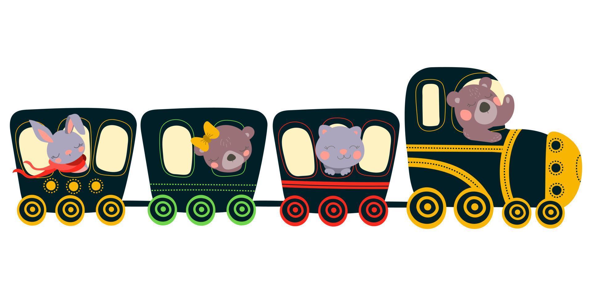 allenarsi con animali in stile cartone animato. la lepre, l'orso e il gatto prendono il treno. Illustrazione vettoriale su sfondo bianco. disegno a mano. per la stampa, il web design.