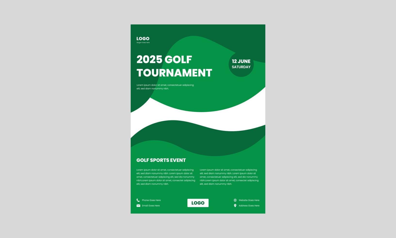 modello di volantino del torneo di golf. design volantino per eventi sportivi di golf in colore verde. vettore