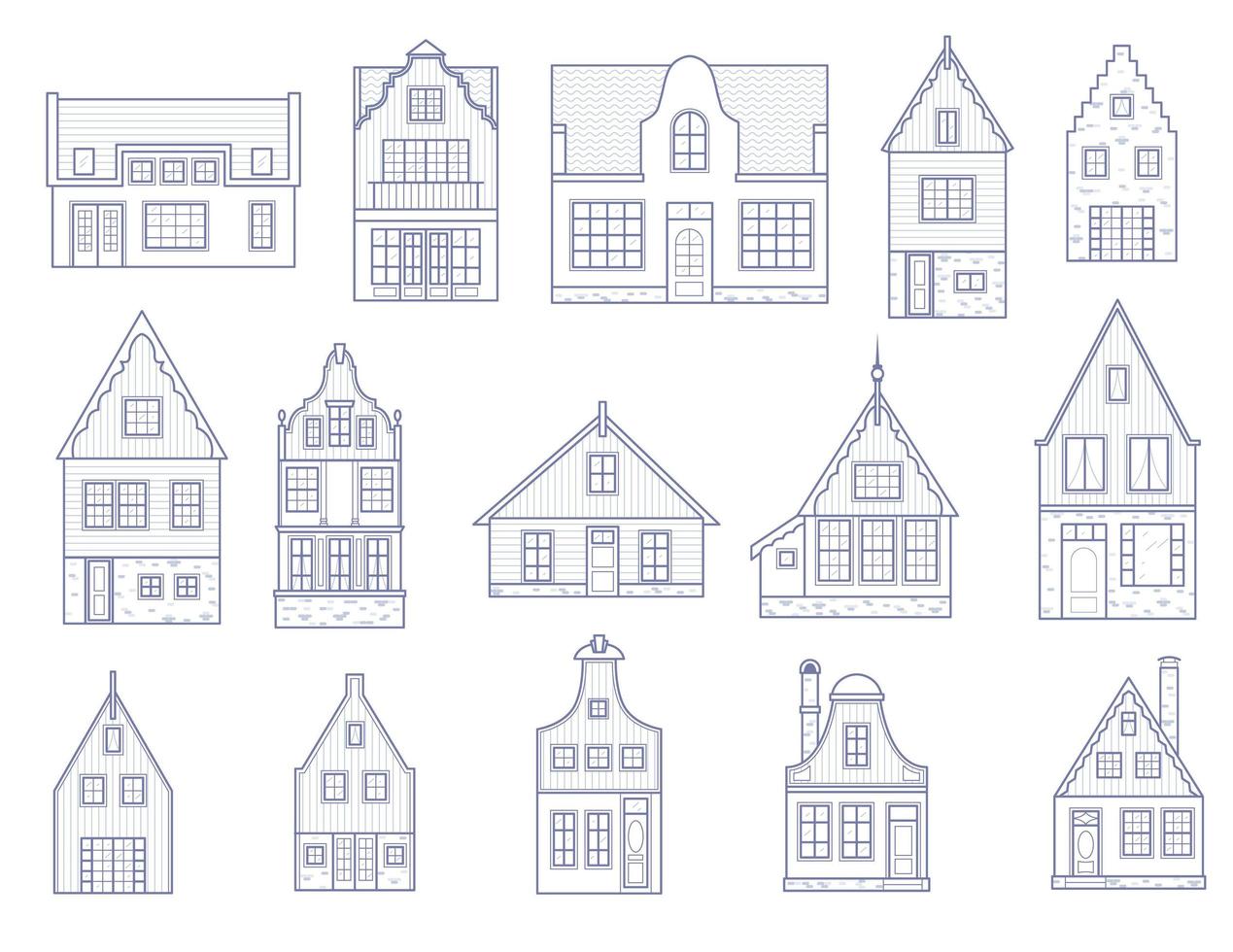 case di amsterdam. facciate di vecchi edifici europei. case olandesi. illustrazione di contorno set vettoriale