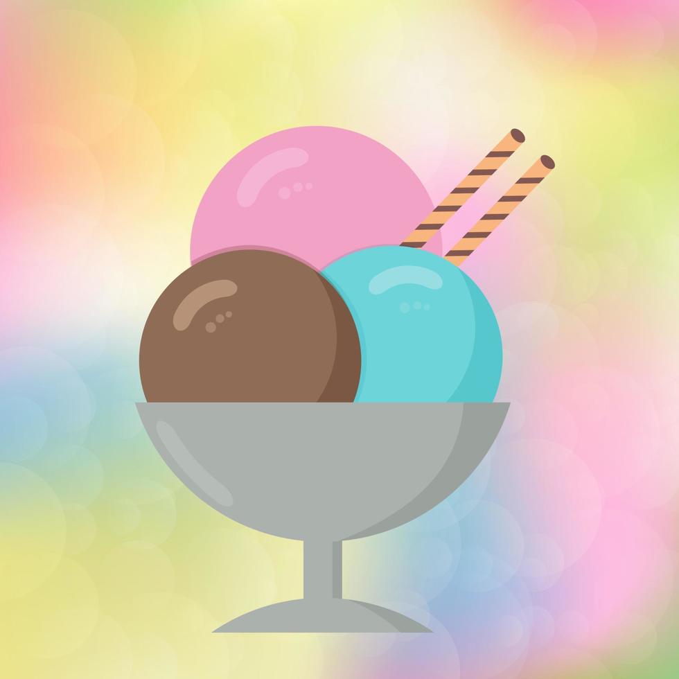 tre palline di gelato in una tazza su uno sfondo colorato bokeh sfocato. gelato cartone animato in stile piatto. concetto di dolci estivi e festa per bambini. illustrazione vettoriale di gelato italiano.