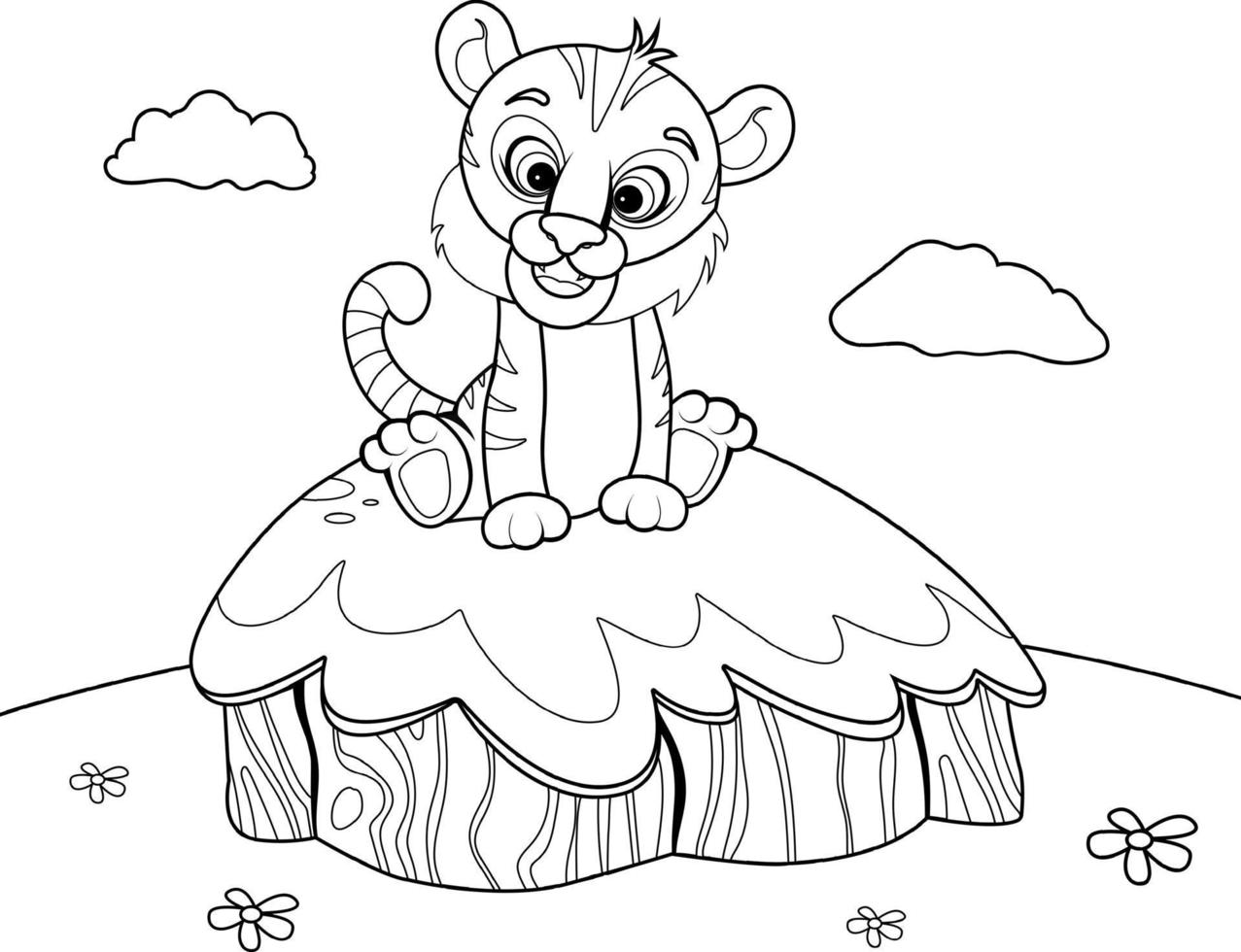 pagina da colorare. tigre carina su una piccola isola in stile cartone animato. illustrazione per bambini vettore