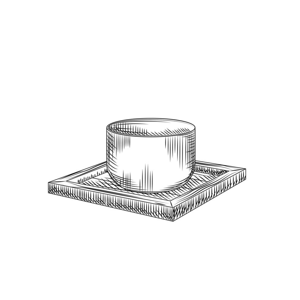 tazza di sake giapponese isolata su sfondo bianco. bicchiere di bevanda alcolica di riso asiatico tradizionale su supporto di legno. vettore