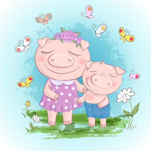 Fun Pig Family Madre e Figlio. Maiali divertenti cartoon e amici maialini o famiglia. vettore