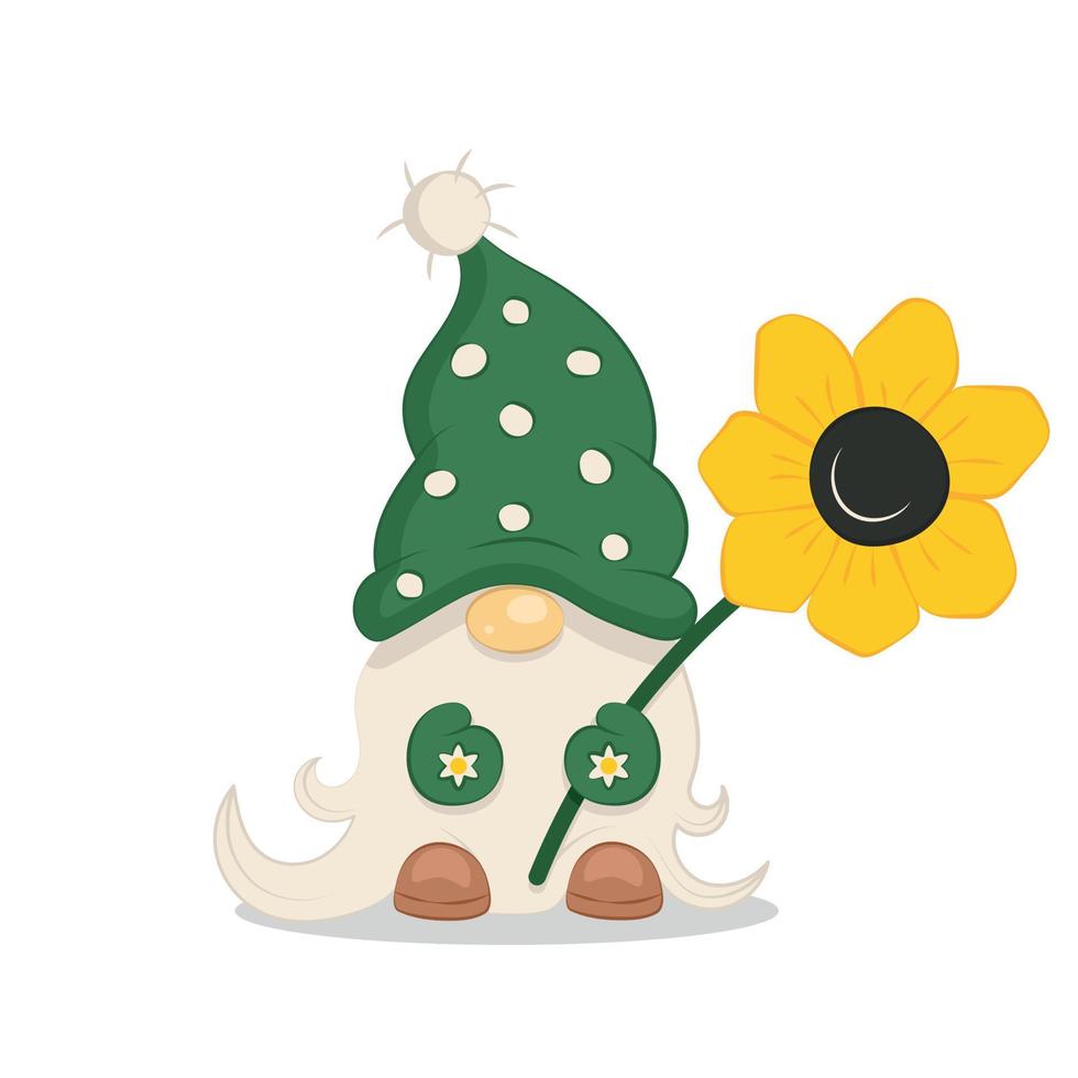 simpatico gnomo da giardino con cappello verde che tiene in mano uno gnomo di girasole vettore