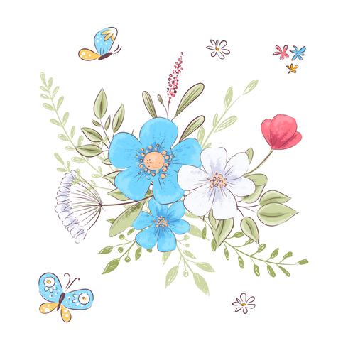 Set di fiori e farfalle. Disegno a mano Illustrazione vettoriale