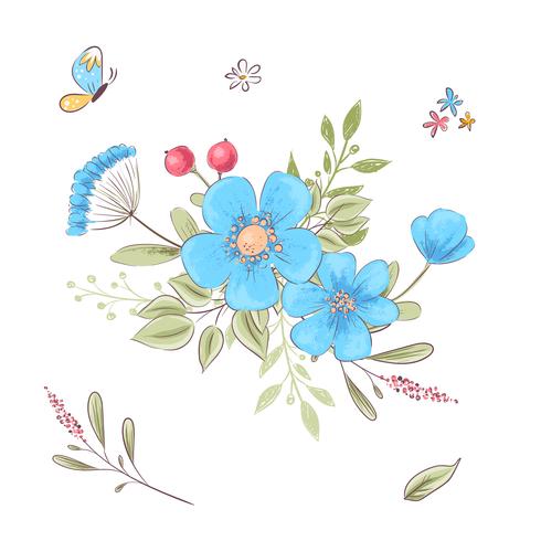 Set di fiori e farfalle. Disegno a mano Illustrazione vettoriale