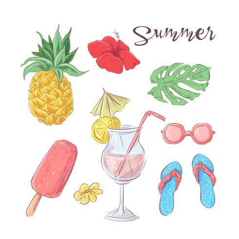 Set di gelato cocktail e frutta tropicale. Illustrazione vettoriale