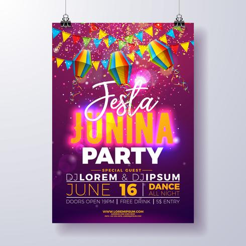 Festa Junina Party Flyer Design con bandiere, Lanterna di carta e Design tipografia su sfondo viola lucido. Vector tradizionale Brasile giugno Festival Illustrazione