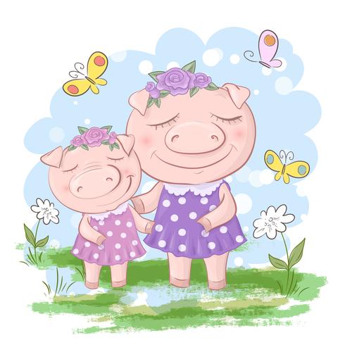 Fun Pig Family Madre e Figlio. Maiali divertenti cartoon e amici maialini o famiglia. vettore