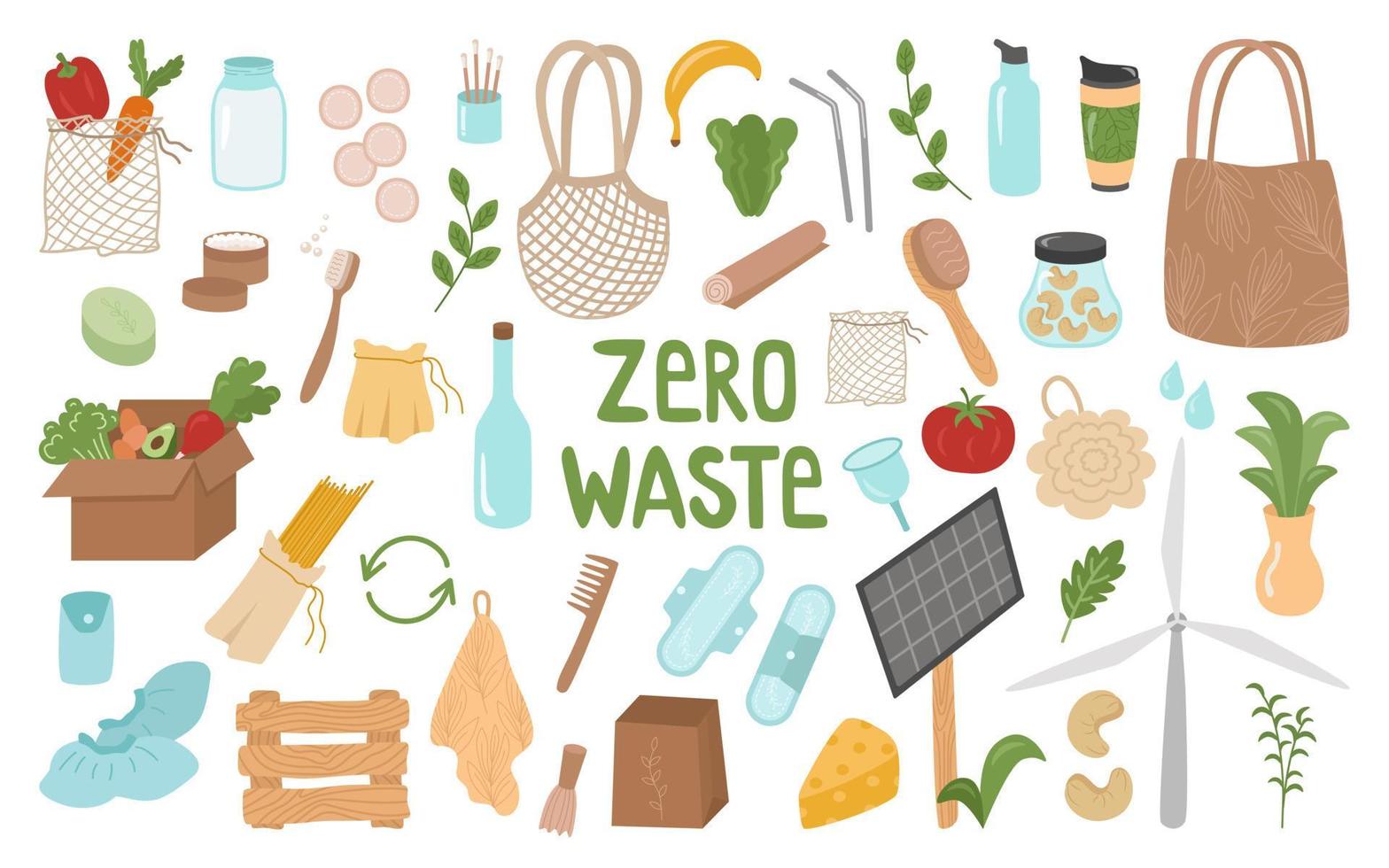 zero rifiuti è un ampio insieme di elementi per il concetto di cose riutilizzabili e riciclaggio. borse ecologiche per alimenti, verdure, salviette, borraccia, borsa, thermocup, copriscarpe. illustrazione vettoriale. vettore