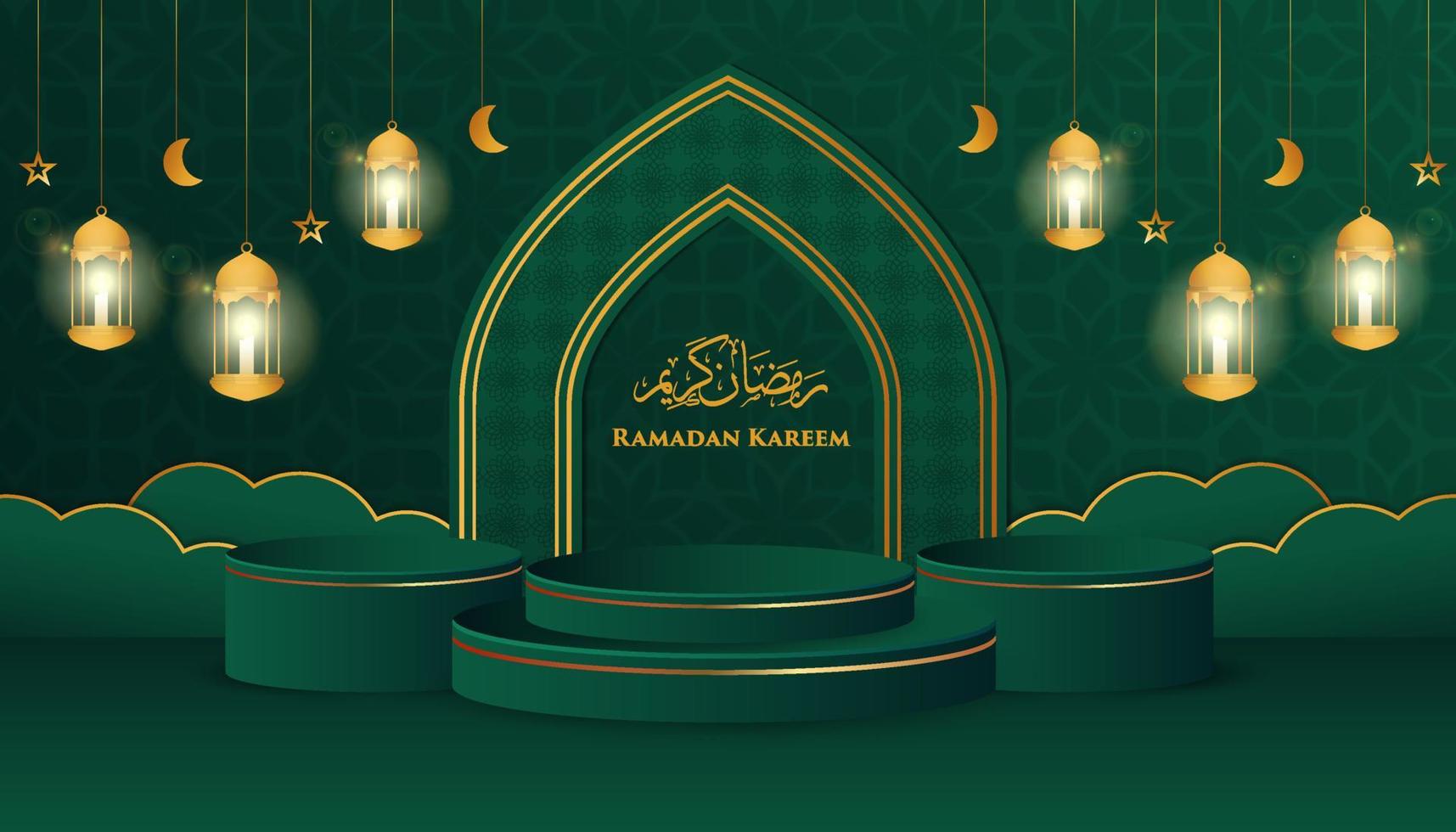 Tema 3d podio ramadan kareem con cornice e ornamento stelle, lune e lanterne vettore