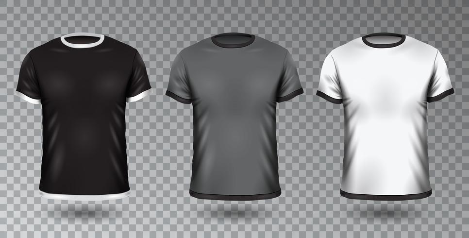 Insieme in bianco di vettore Mock-Up nero, grigio e bianco di t-shirt.