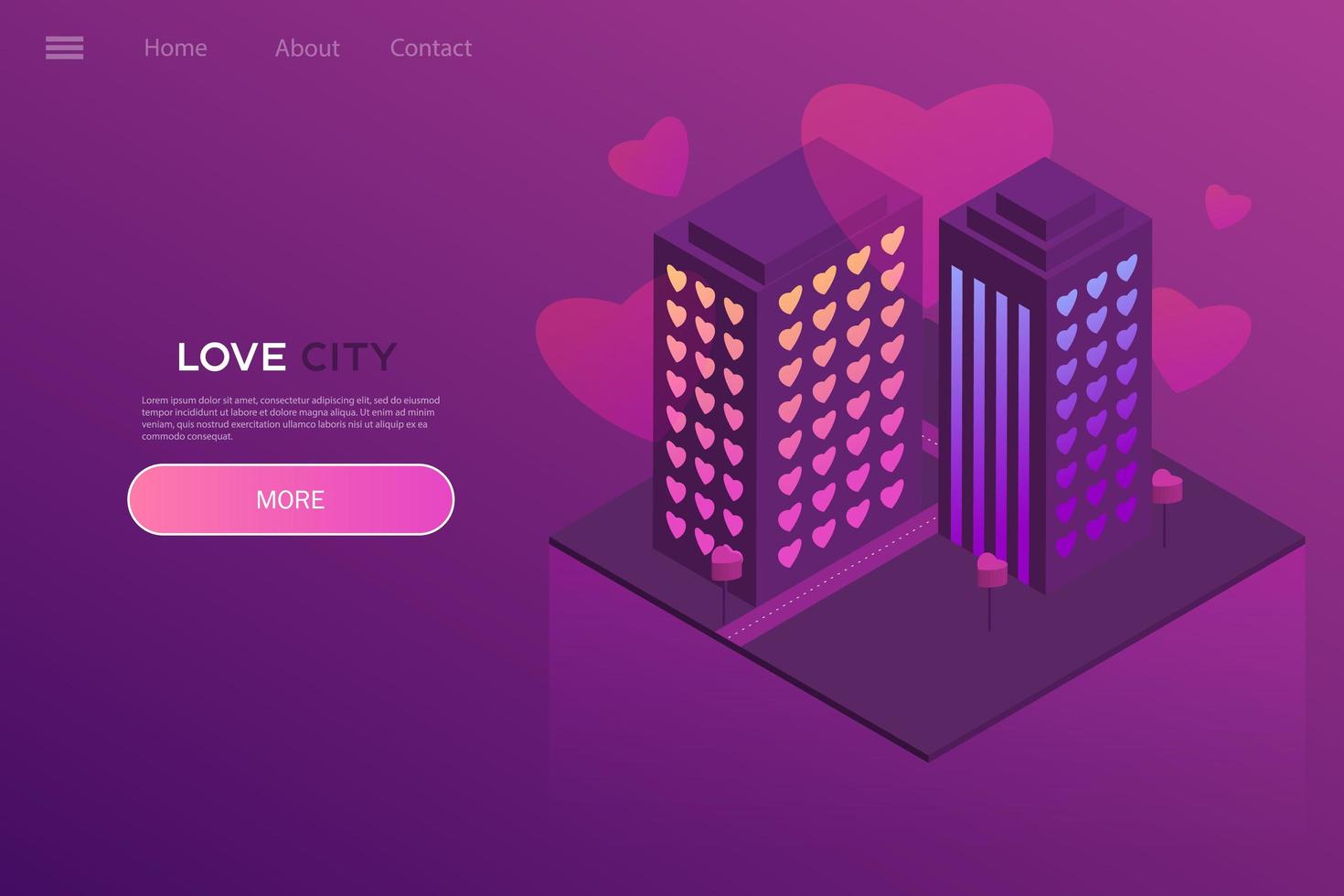 città dell'amore, illustrazione isometrica al neon. design per sito Web, app. stile moderno vettore