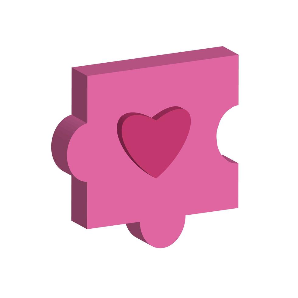 pezzo del puzzle. puzzle rosa con cuore isolato su sfondo bianco. vettore