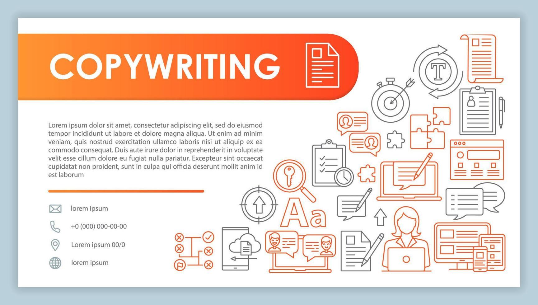 banner di copywriting, modello vettoriale di biglietto da visita. marketing dei contenuti. contatto aziendale con telefono, icone della linea di posta elettronica. smm, pubblicità contestuale. presentazione, idea di una pagina web. layout di stampa aziendale