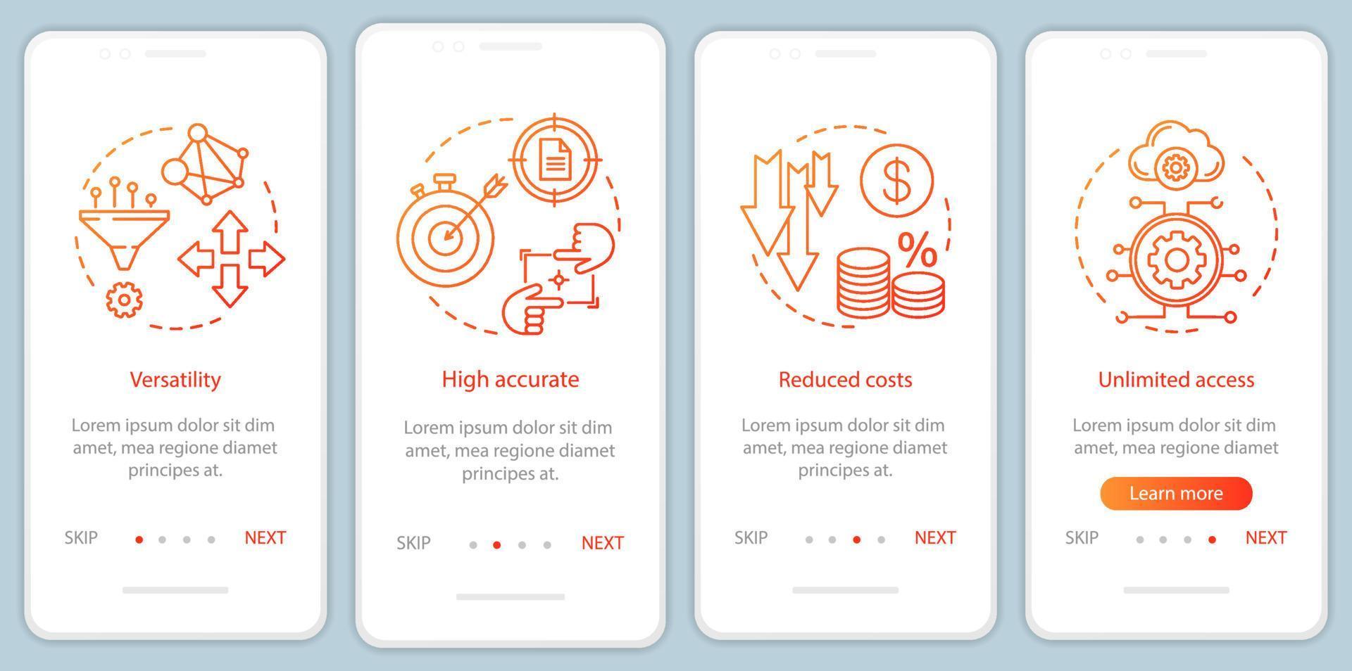 vantaggi dell'onboarding di prodotti digitali nella schermata della pagina dell'app mobile con concetti lineari. vantaggi delle tecnologie procedure dettagliate istruzioni grafiche. ux, ui, modello vettoriale gui con illustrazioni