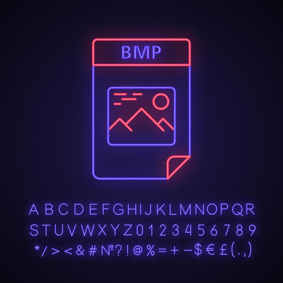 icona della luce al neon del file bmp. immagine bitmap. formato file immagine grafica raster. segno luminoso con alfabeto, numeri e simboli. illustrazione vettoriale isolato