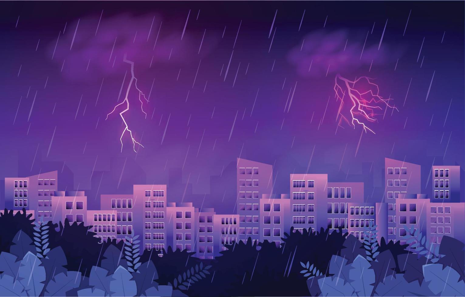 illustrazione di paesaggio urbano dell'orizzonte della costruzione della città del tempo piovoso del fulmine della tempesta di tuono vettore