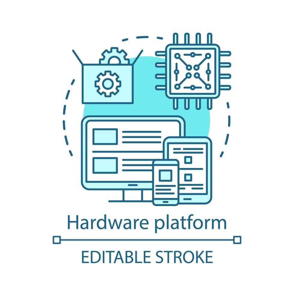 piattaforma hardware, icona del concetto di tecnologia informatica. illustrazione della linea sottile dell'idea del software di test dei componenti del computer. industria, programmazione. disegno di contorno isolato vettoriale. tratto modificabile vettore