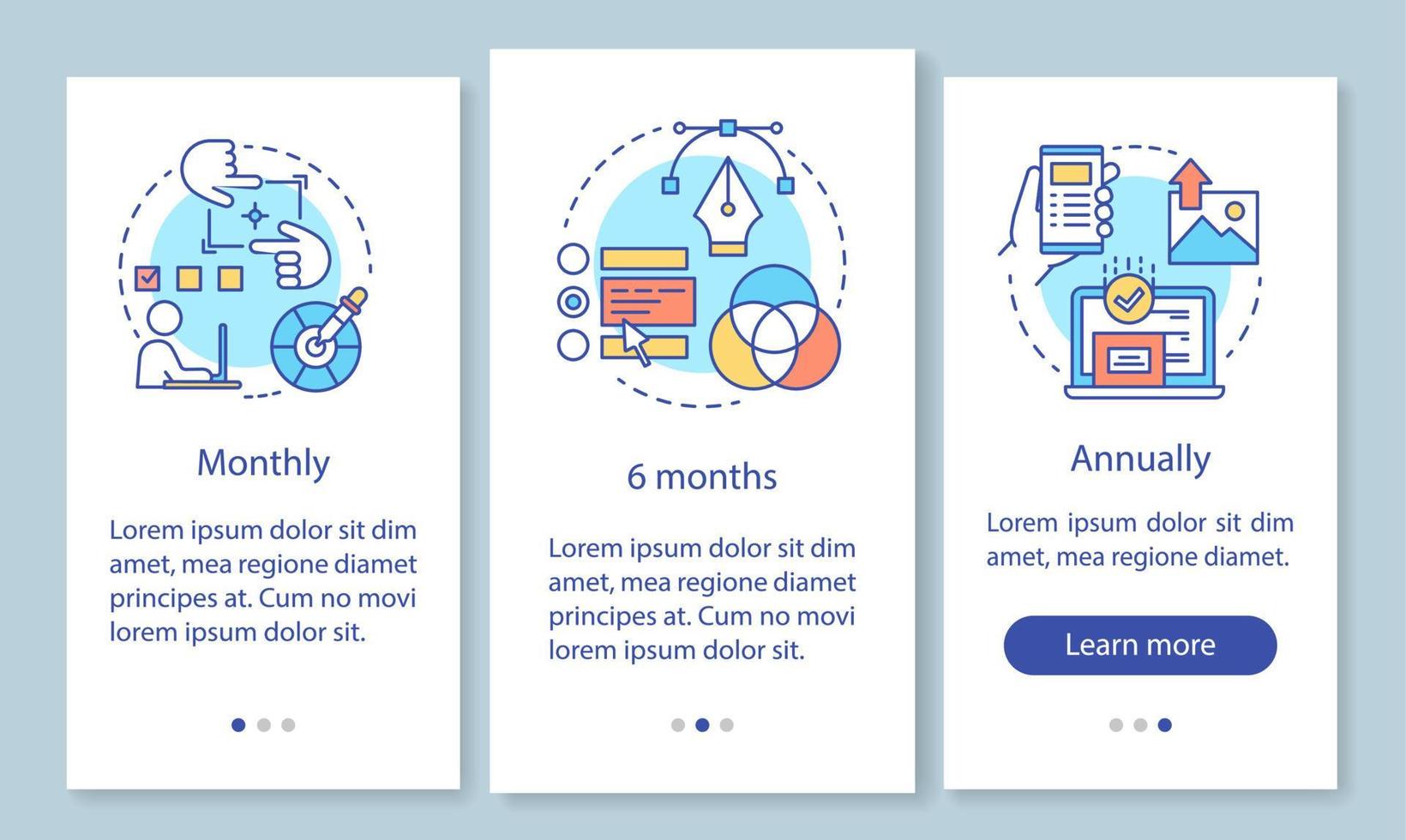 abbonamento all'editor di foto per l'onboarding della schermata della pagina dell'app mobile con concetti lineari. tariffa mensile, annuale. istruzioni grafiche in tre passaggi. ux, ui, modello vettoriale gui con illustrazioni