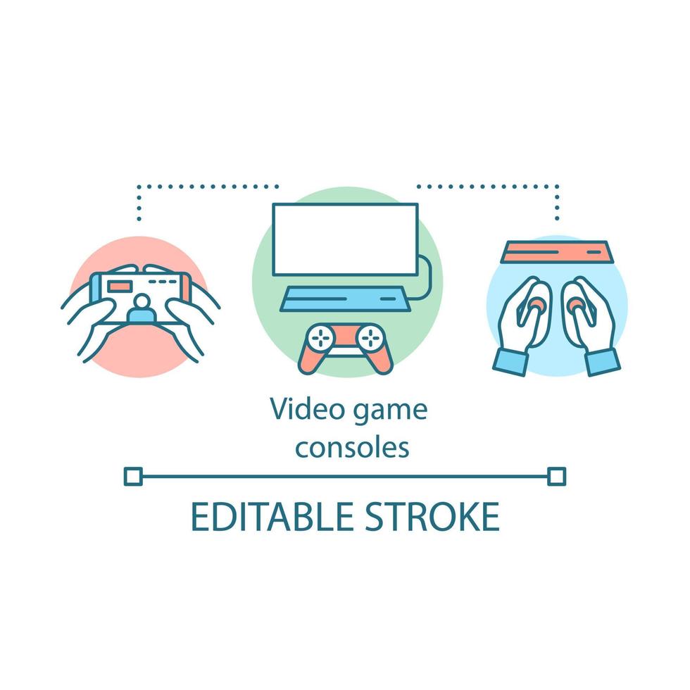 icona del concetto di console per videogiochi. multiplayer multipiattaforma, illustrazione al tratto sottile dell'idea di gioco online. tecnologia di intrattenimento, cloud computing. disegno di contorno isolato vettoriale. tratto modificabile vettore