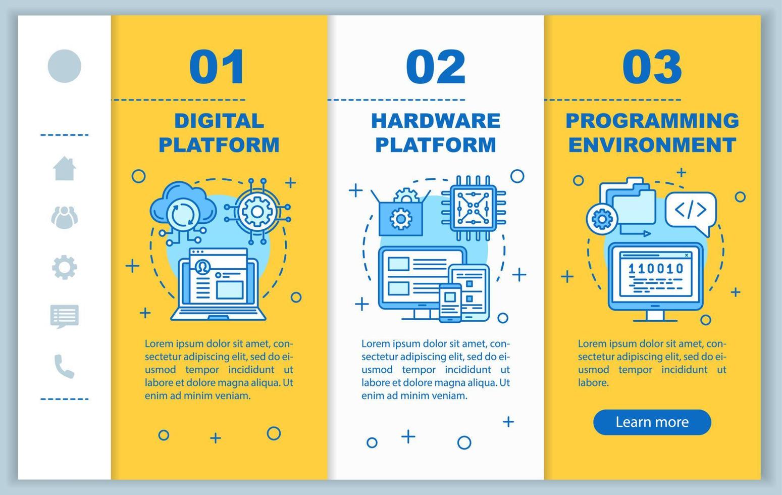 modello vettoriale di pagine Web mobili per l'onboarding della piattaforma digitale. idea di interfaccia del sito Web per smartphone reattiva con illustrazioni lineari. schermate dei passaggi della procedura guidata di programmazione della pagina Web. concetto di colore