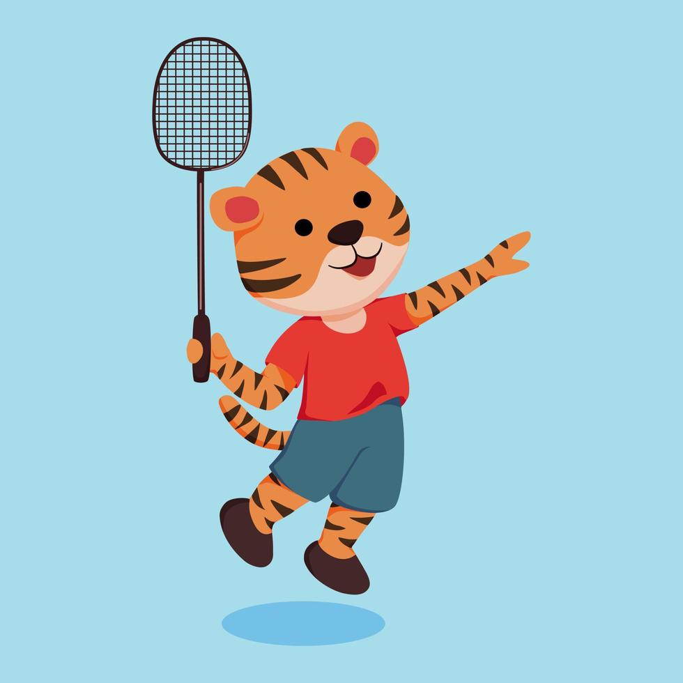 simpatica tigre sportiva con badminton vettore