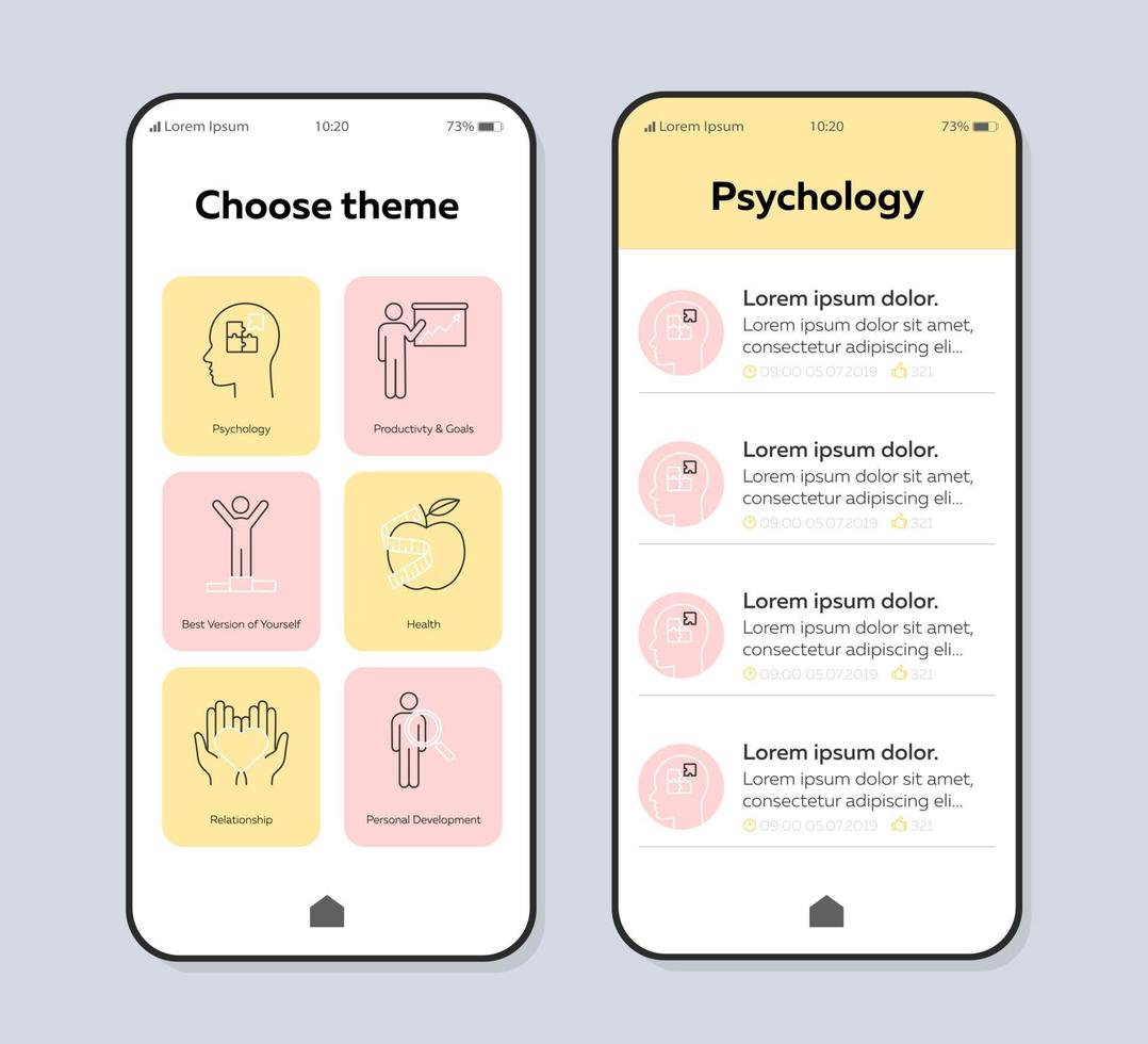 modello vettoriale dell'interfaccia dello smartphone per lo sviluppo personale. layout del design del colore della pagina dell'app mobile. schermata della psicologia delle relazioni. interfaccia utente lineare per l'applicazione. display del telefono per uno stile di vita sano