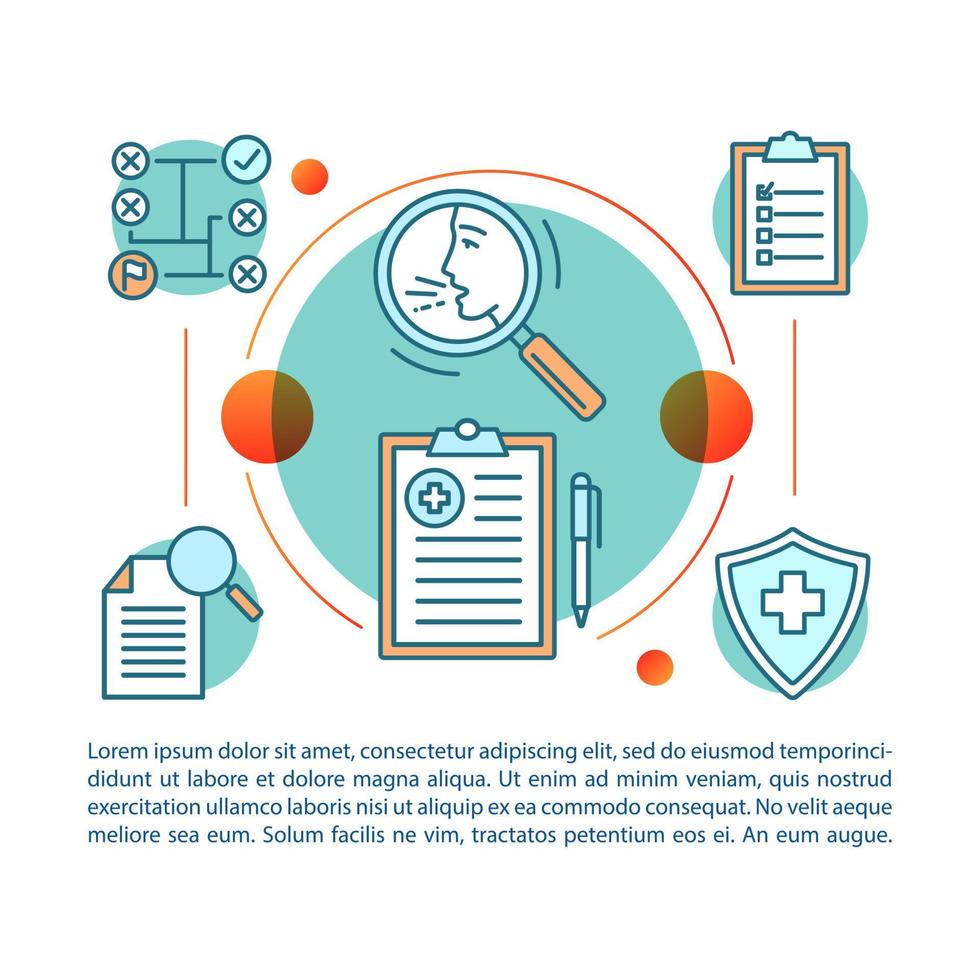 modello vettoriale della pagina dell'articolo della guida alle allergie. screening medico, test. brochure, rivista, elemento di design opuscolo con icone e caselle di testo. disegno di stampa. illustrazioni concettuali con spazio di testo