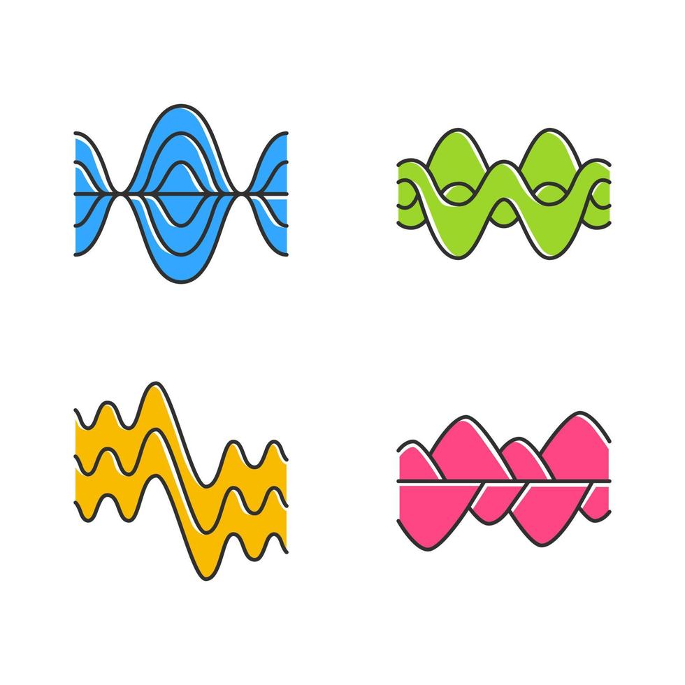 set di icone a colori delle onde sonore. vibrazione, ampiezza del rumore, livelli. onde sonore, forma d'onda digitale. audio, musica, frequenza del ritmo della melodia. linee astratte ondulate e curve. illustrazioni vettoriali isolate