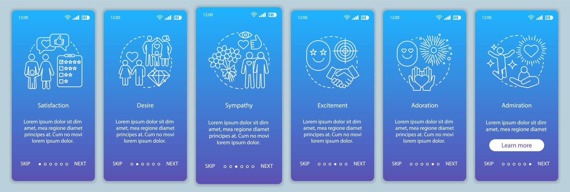 sentimenti di relazione onboarding modello vettoriale dello schermo della pagina dell'app mobile. soddisfazione, desiderio, adorazione. procedura dettagliata del sito Web con illustrazioni lineari. ux, ui, gui concetto di interfaccia per smartphone