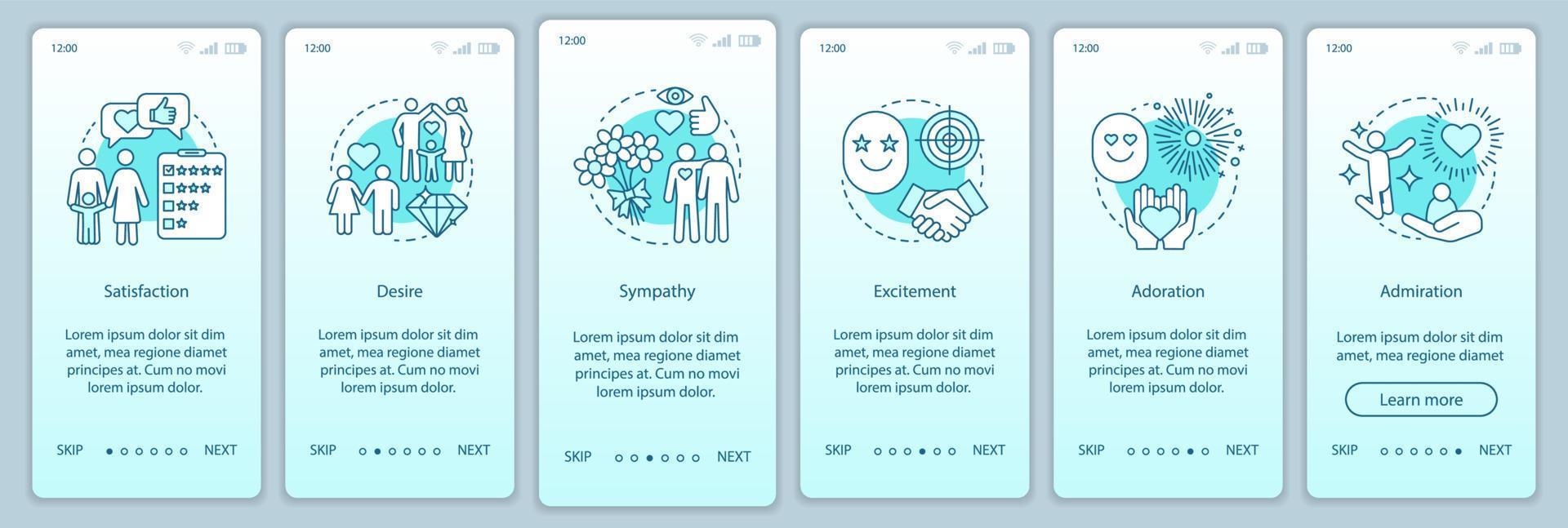 sentimenti di relazione onboarding modello vettoriale dello schermo della pagina dell'app mobile. soddisfazione, desiderio, adorazione. procedura dettagliata del sito Web con illustrazioni lineari. ux, ui, gui concetto di interfaccia per smartphone