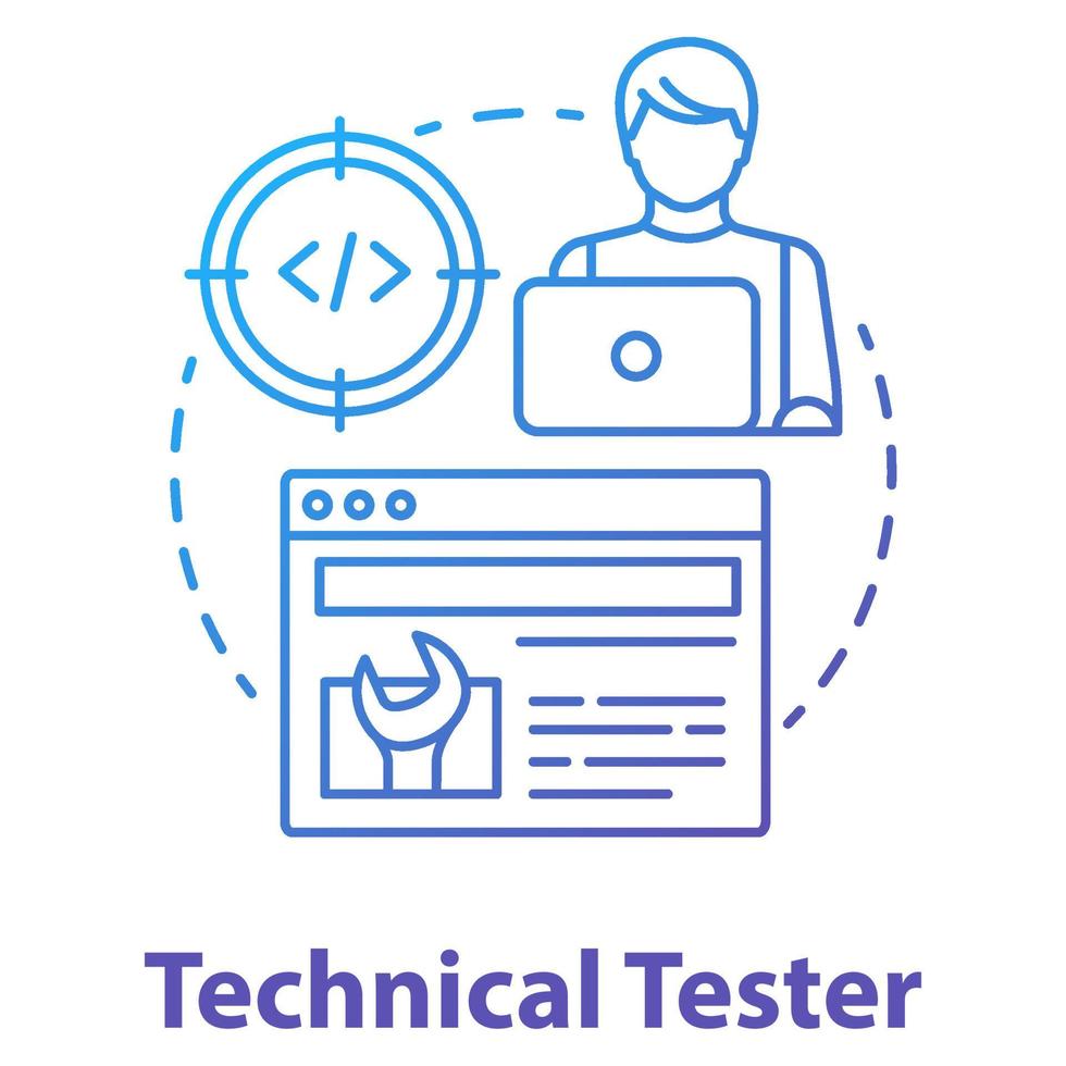 icona del concetto di tester tecnico. illustrazione della linea sottile dell'idea di sviluppo del software. professionista della programmazione di app. analisi delle funzioni di sistema. esso gestione del progetto. disegno di contorno isolato vettoriale