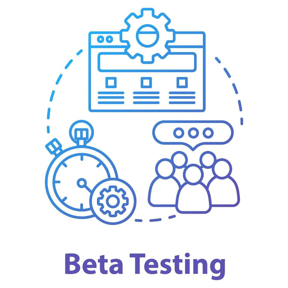 icona del concetto di beta test. illustrazione della linea sottile dell'idea della fase di sviluppo del software. verifica delle prestazioni dell'applicazione. esso gestione del progetto. codifica dell'app. disegno di contorno isolato vettoriale