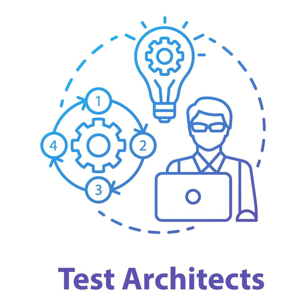 icona del concetto di architetti di prova. illustrazione della linea sottile dell'idea di sviluppo del software. professionista della programmazione di app. esso gestione del progetto. esperto di test di alto livello. disegno di contorno isolato vettoriale